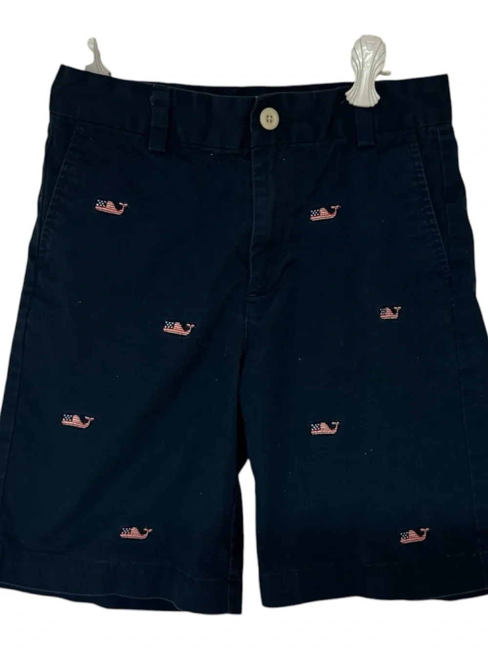Vineyard Vines Navy Shorts with American Flag Whale Embroidery